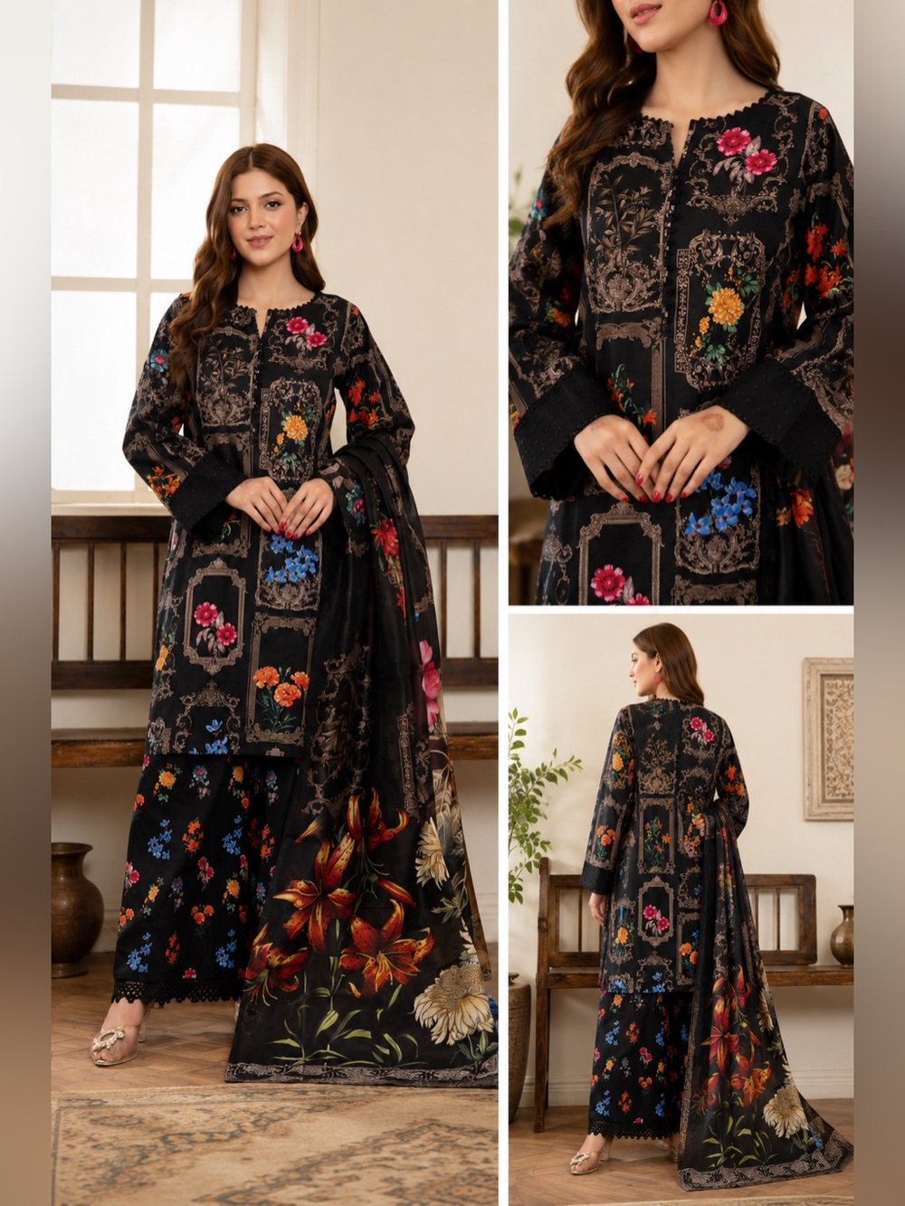 Black Floral Embroidered Kurta Set